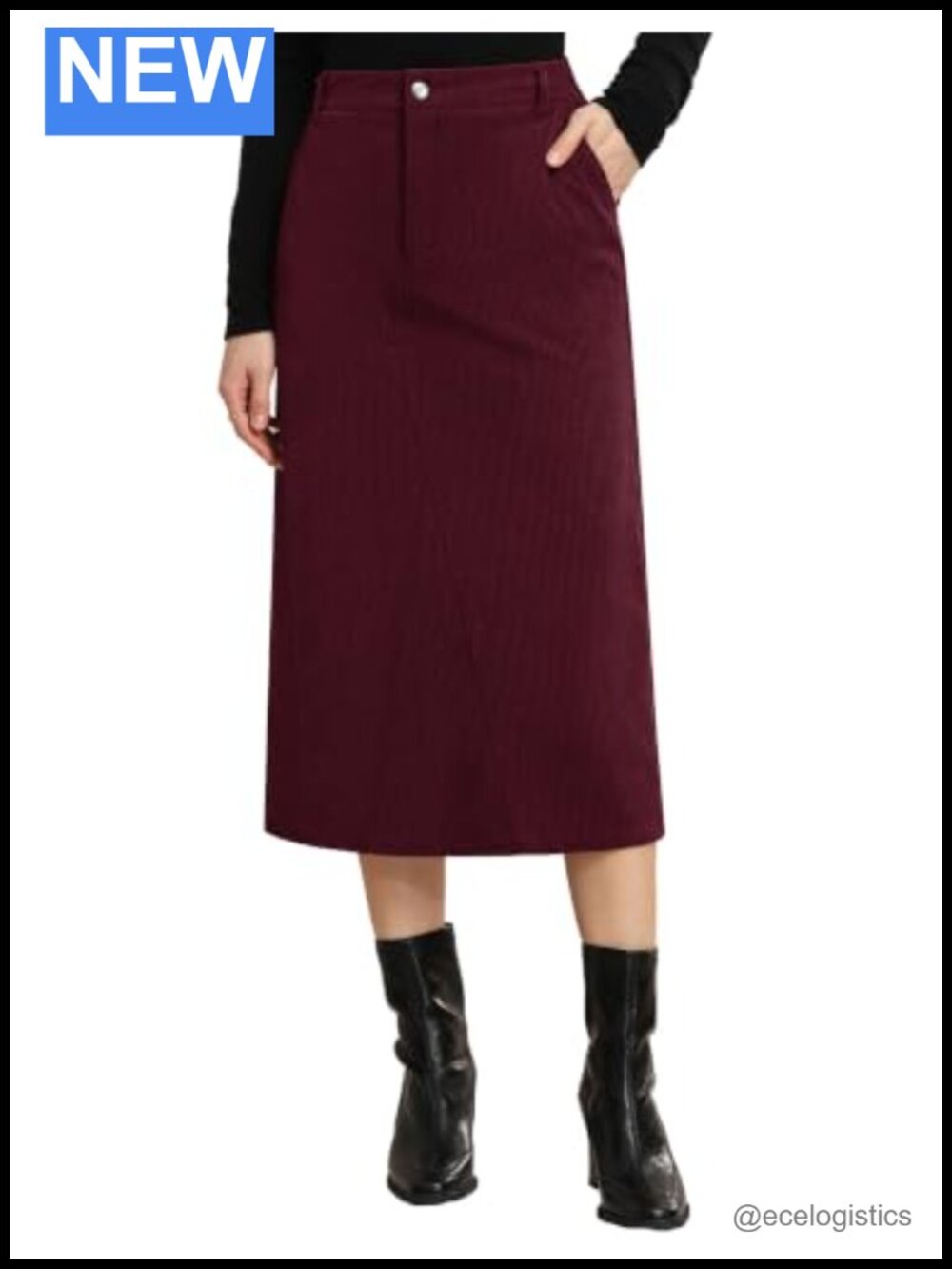 Corduroy Midi Skirt with Pockets High Waist Straight Fall